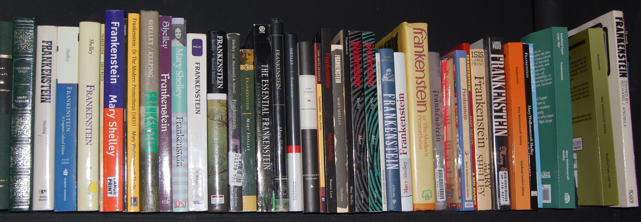 Editions of Frankenstien books on shelf