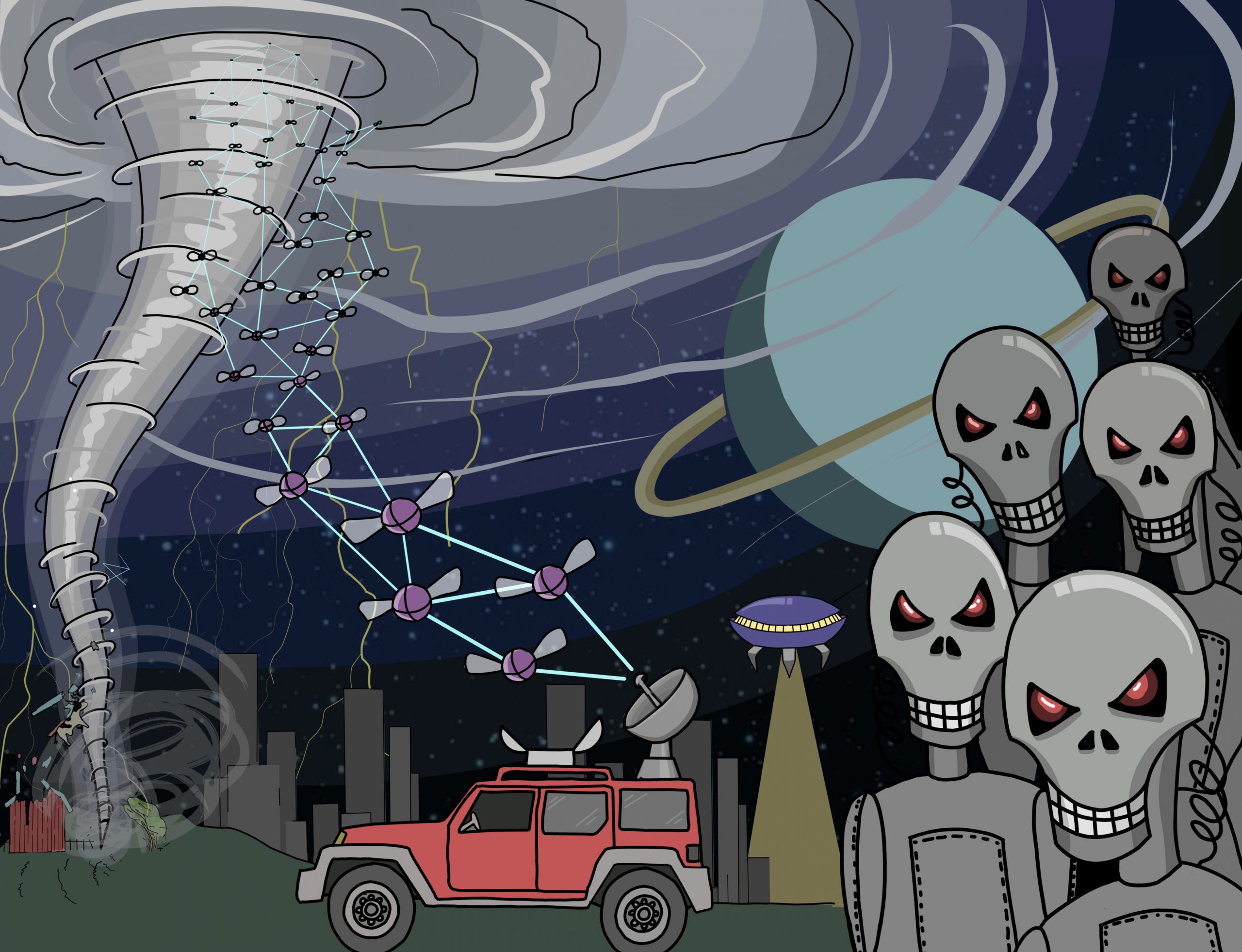 Cartoon illustration of the uses of distributed communication networks, including hurricane monitoring, and robot communication.