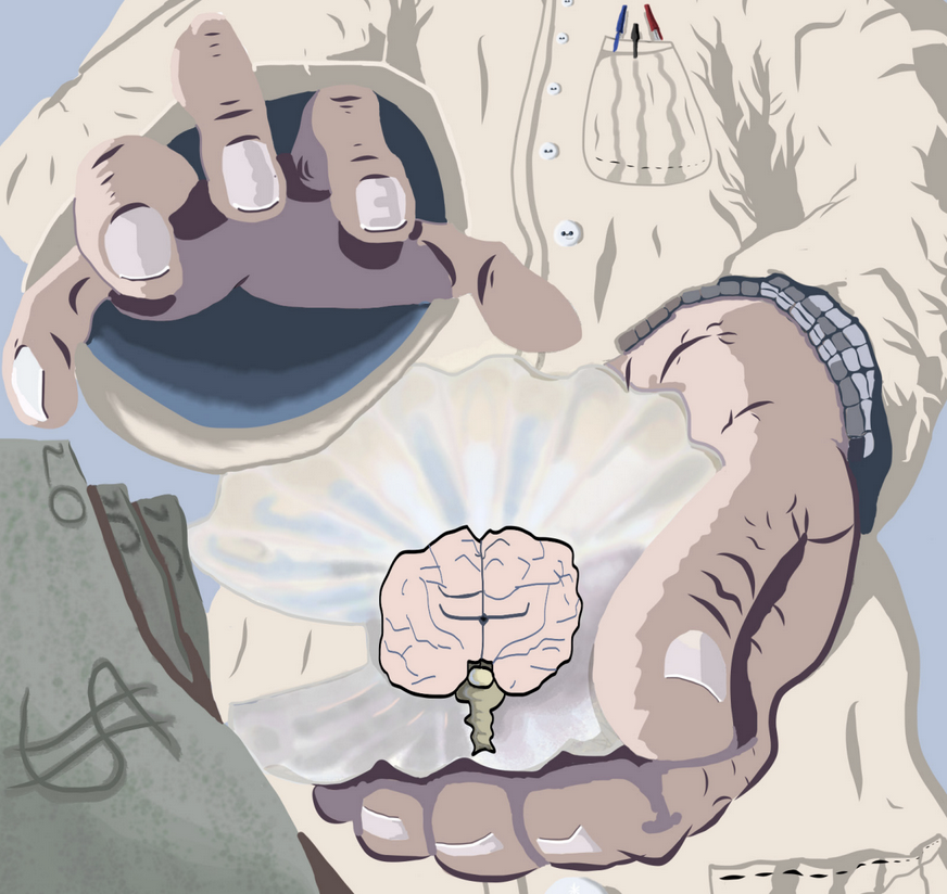 Cartoon of a scientist holding a brain and key for intellectual property