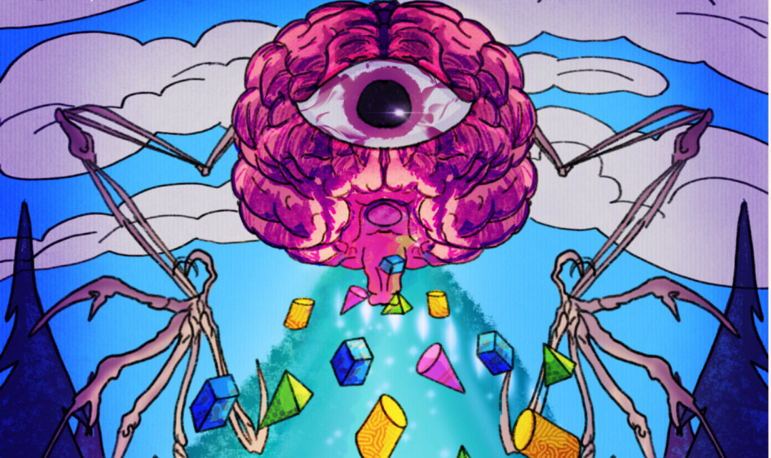 Cartoon of a brain defended by the blood brain barrier against a stream of incoming objects