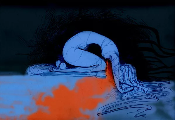 Sketch of ME/CFS symptoms showing a woman slumped over with exhaustion.