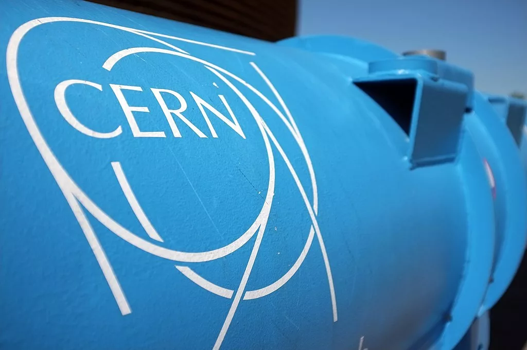 The logo of the European Centre for Nuclear Research (CERN) in Geneva, Switzerland