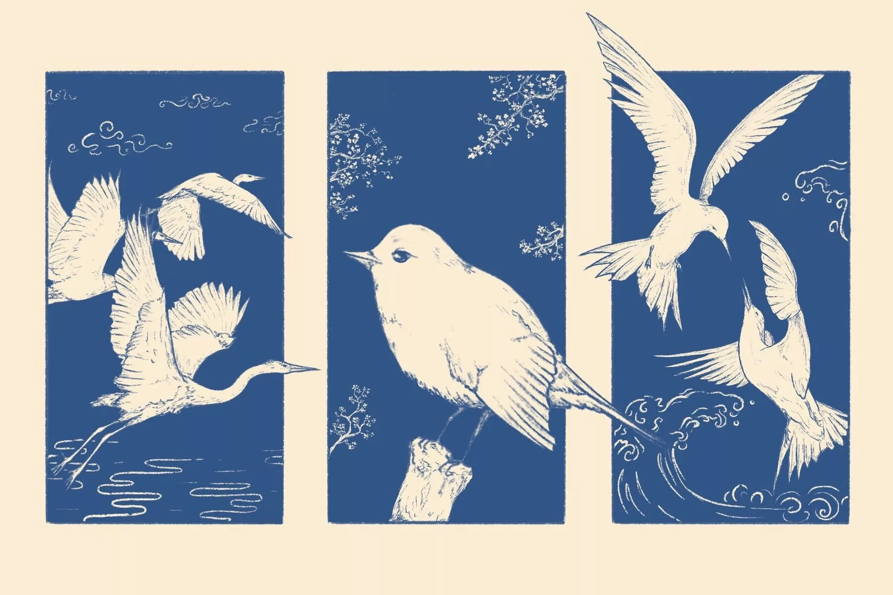 three panels of bird art conservation