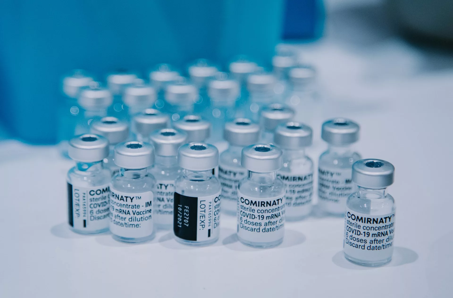 Small vials containing the Covid-19 mRNA vaccine.