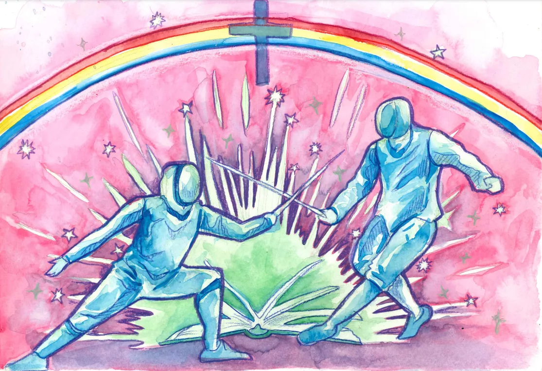 fencing under a cross and a rainbow