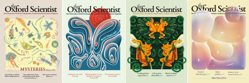 Covers of four previous print issues of the Oxford Scientist magazine