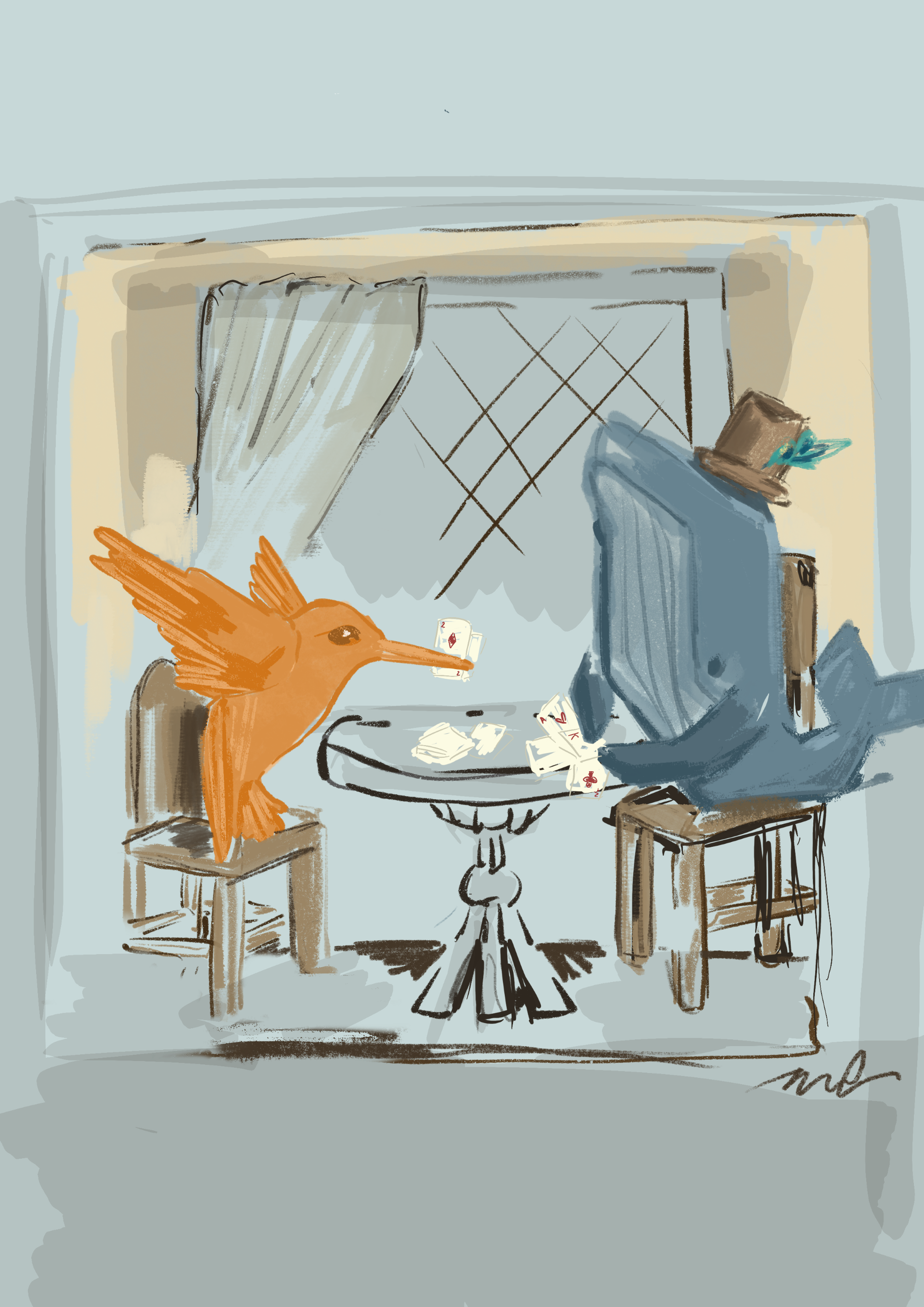 Bird and whale sat at a table